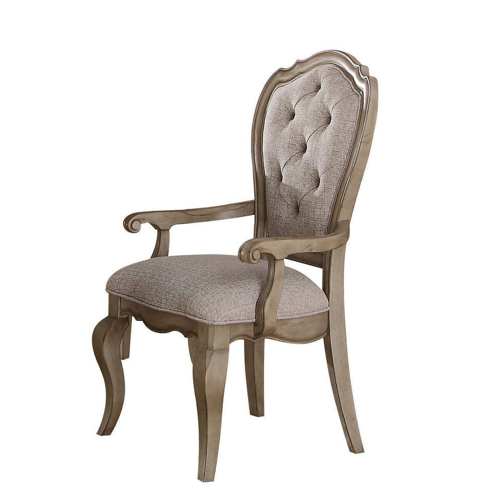 Wooden Arm Chairs with Button Tufting, Set of Two, Gray and Brown