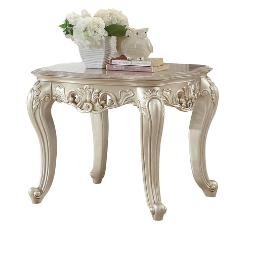 Traditional Style Marble Top End Table with Poly Resin Engravings,Gold