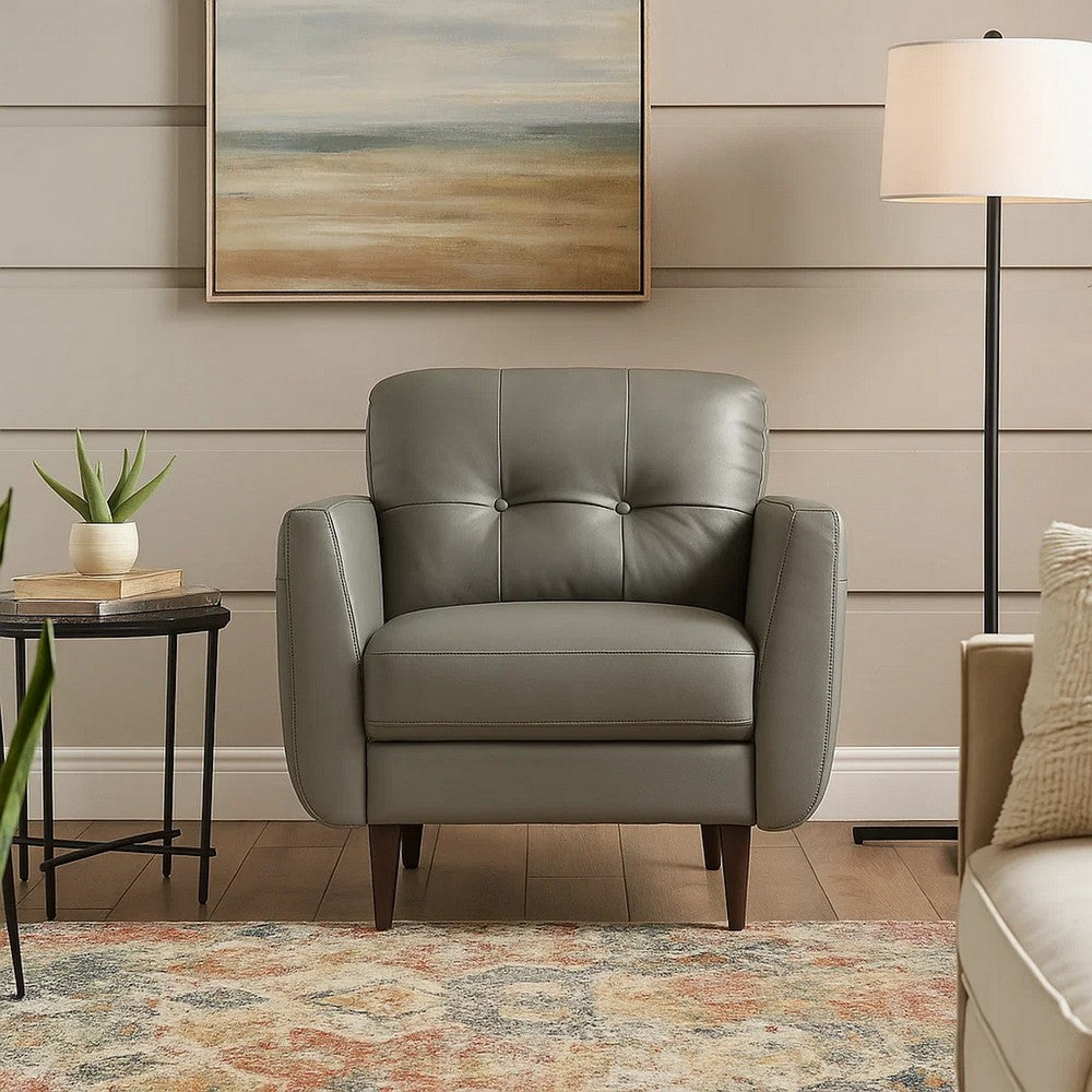 Leatherette Chair with Tapered Legs and Button Tufted Details, Gray