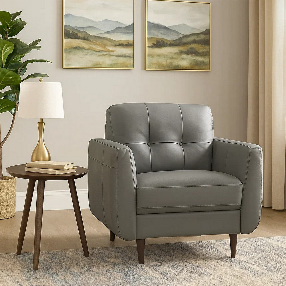 Leatherette Chair with Tapered Legs and Button Tufted Details, Gray