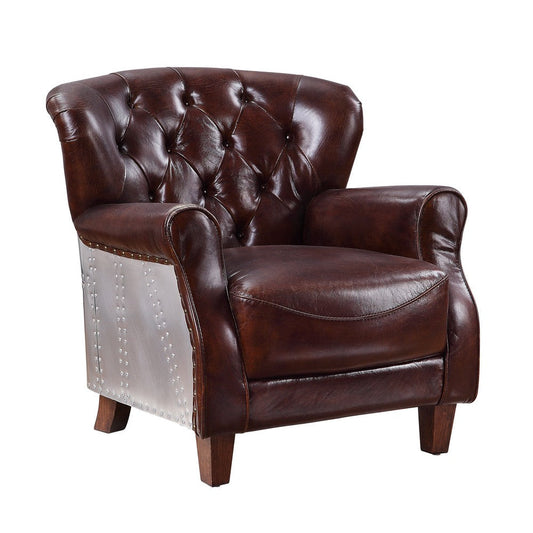 Faux Leather Upholstered Wooden Accent Chair with Tufted Back, Brown
