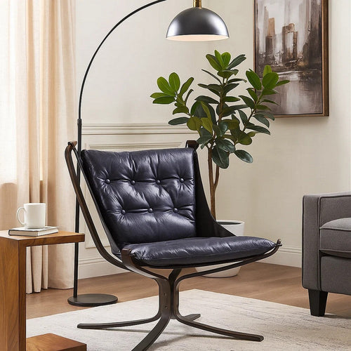 Star Base Metal Accent Chair with Faux Leather Seating, Blue and Brown