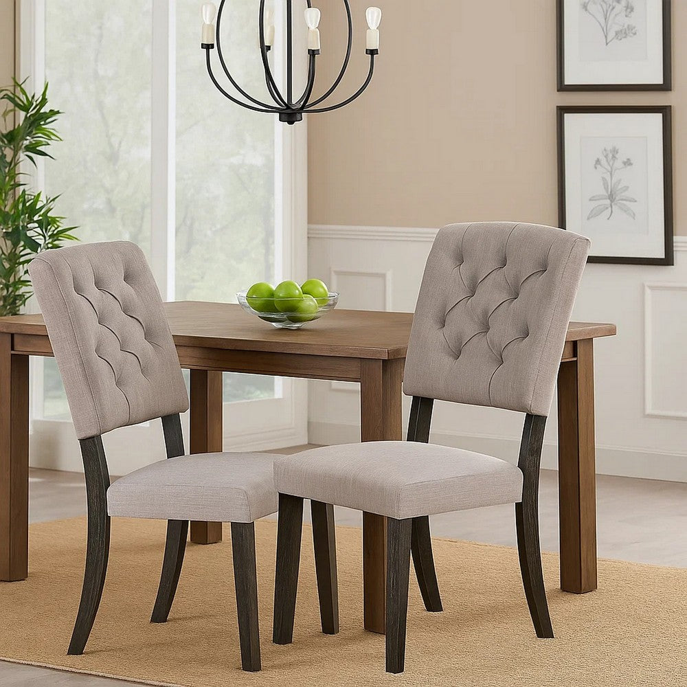 Wooden Side chair with Tufted Back, Set of 2, Brown and Gray