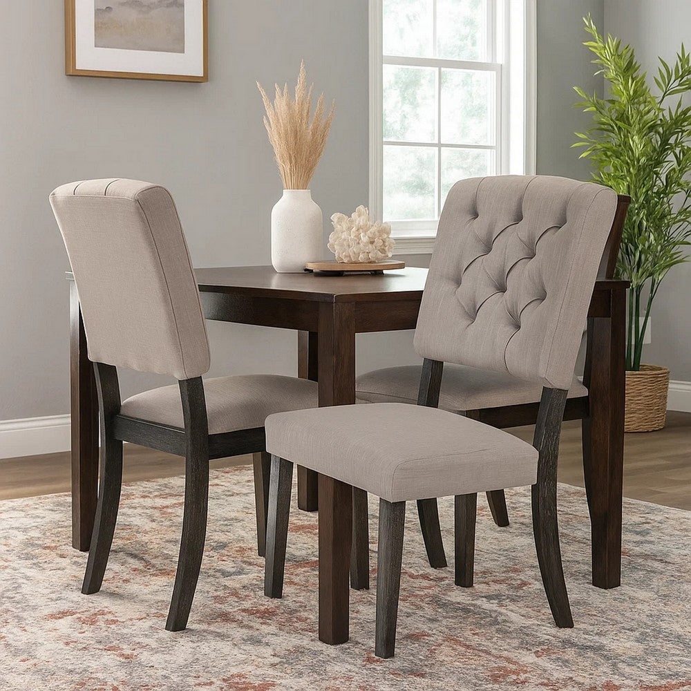 Wooden Side chair with Tufted Back, Set of 2, Brown and Gray