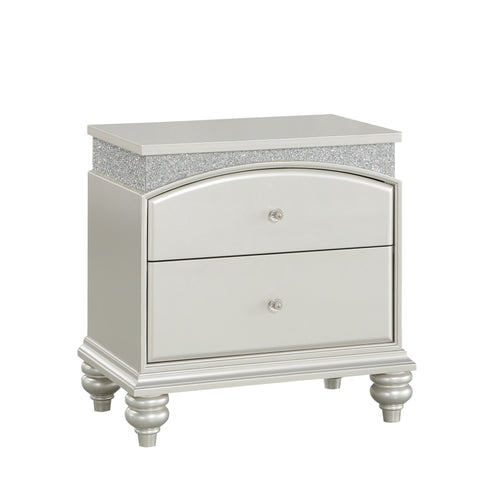 Modern Style 2 Drawer Wooden Nightstand with Rhinestone Inlays, Silver