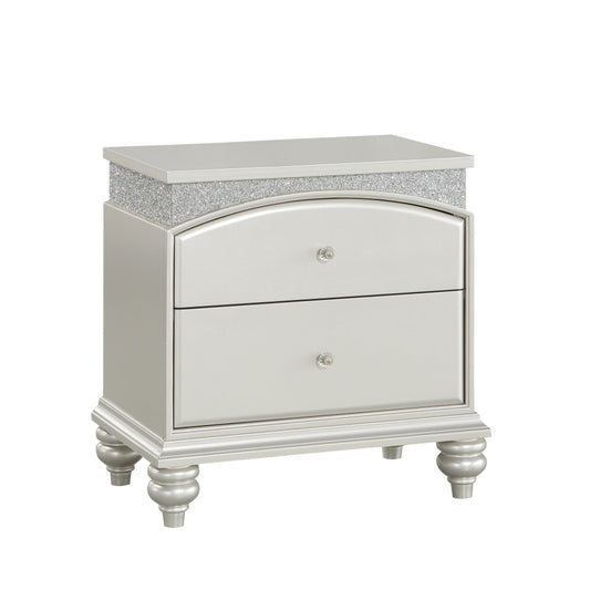 Modern Style 2 Drawer Wooden Nightstand with Rhinestone Inlays, Silver