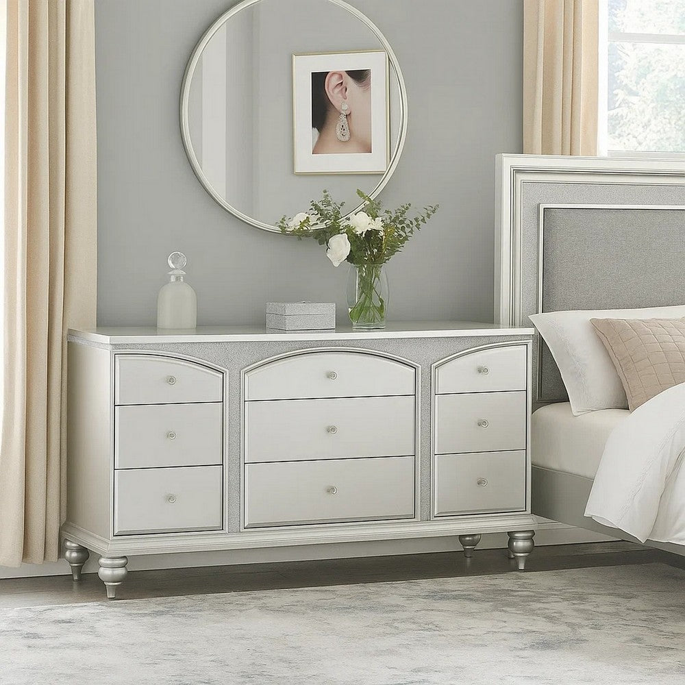 Modern Style 9 Drawer Wooden Dresser with Rhinestone Inlays, Silver