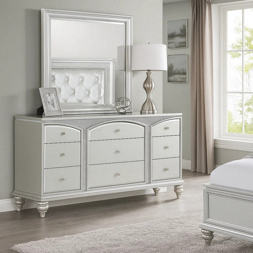 Modern Style 9 Drawer Wooden Dresser with Rhinestone Inlays, Silver