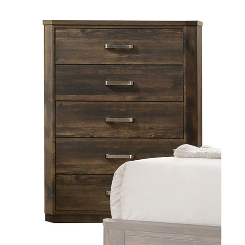 Transitional Style 5 Drawer Wooden Chest with Plinth Base, Brown