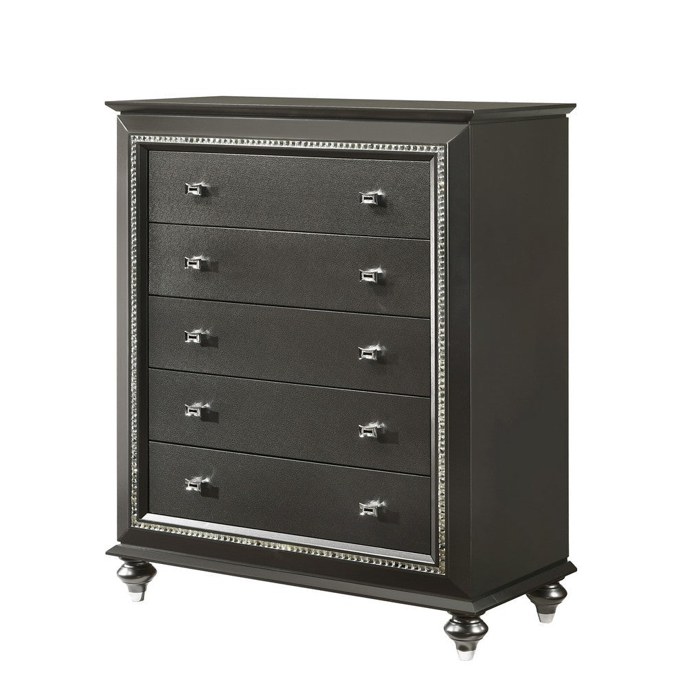 Contemporary Style 5 Drawer Wooden Chest with Turned Legs, Gray