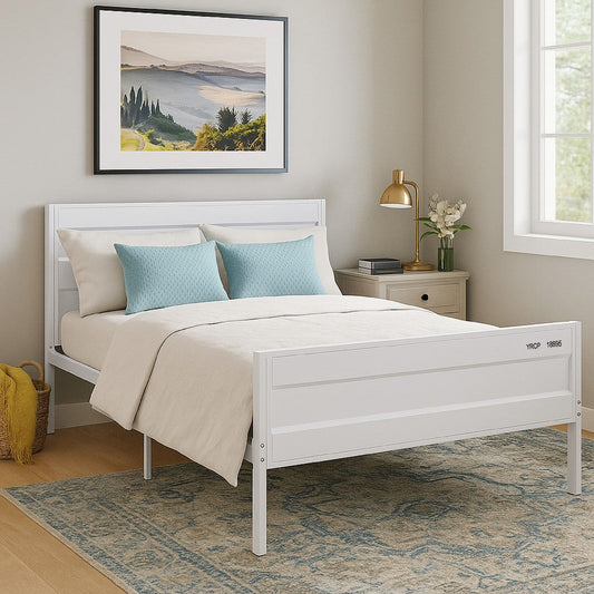 Industrial Style Metal Full Size Bed with Straight Leg Support, White