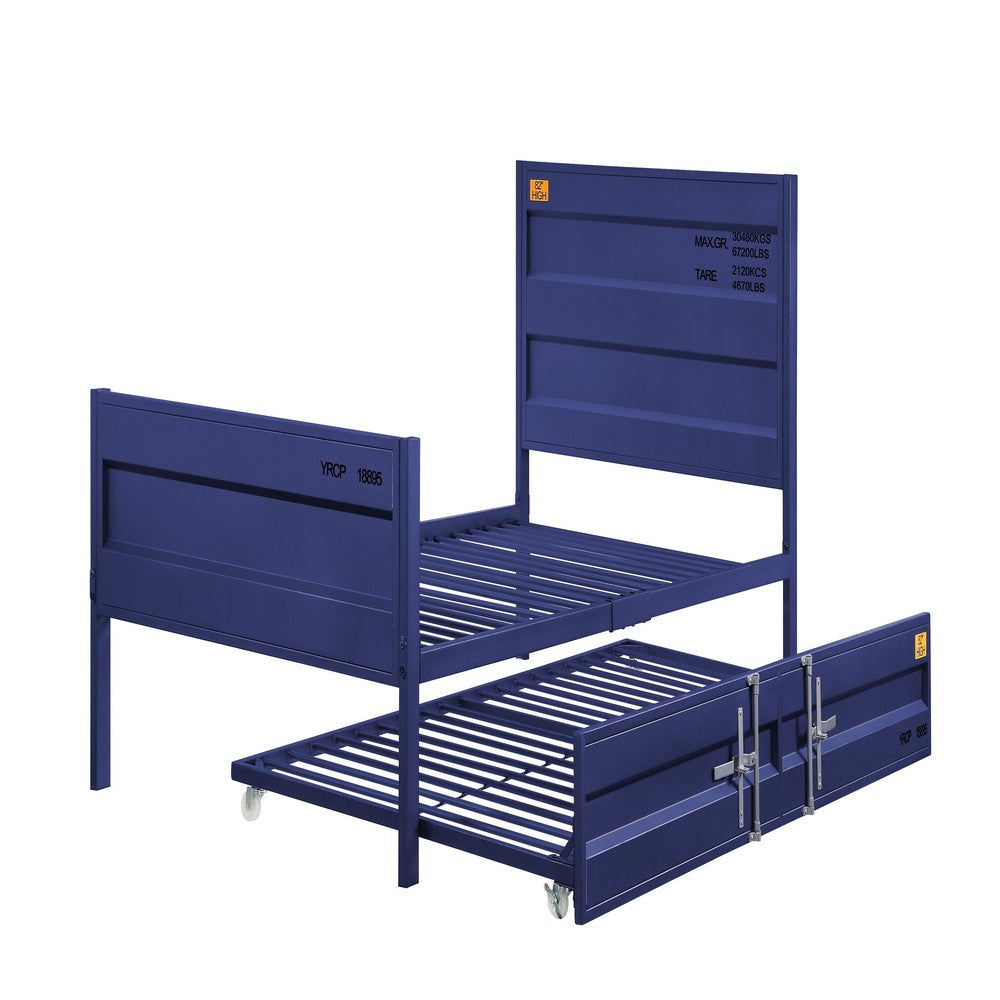 Industrial Style Metal Twin Size Bed with Straight Leg Support Blue