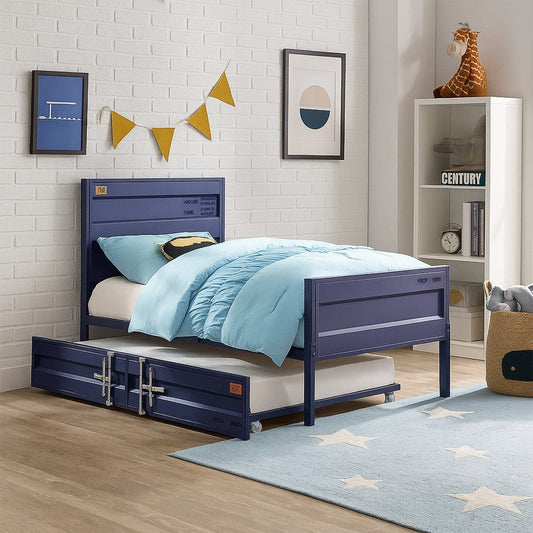 Industrial Style Metal Twin Size Bed with Straight Leg Support, Blue