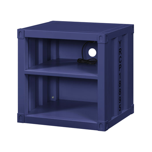 Metal Nightstand with 2 Open Compartment and USB Port, Blue
