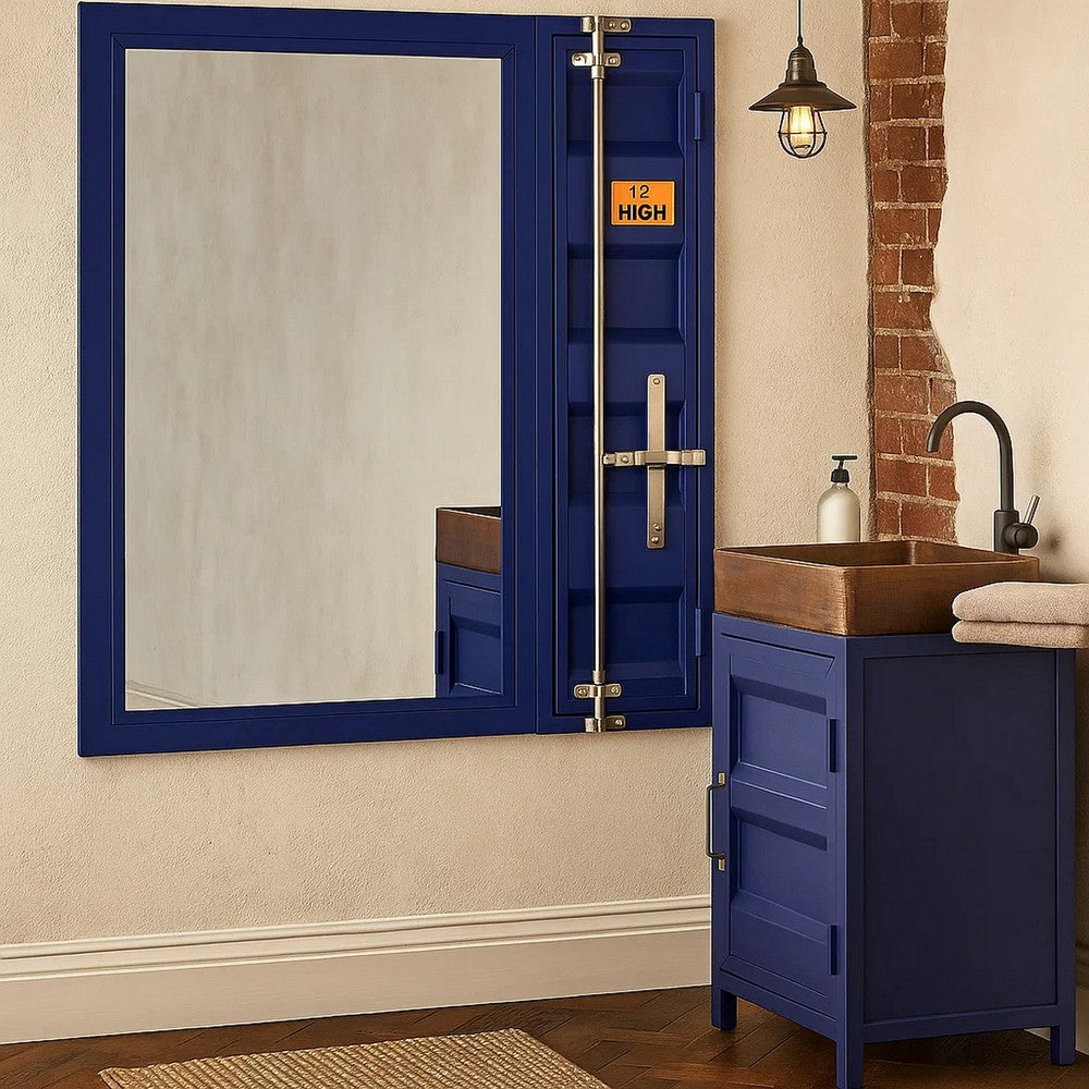 Industrial Style Metal Vanity Mirror with Recessed Door Front, Blue