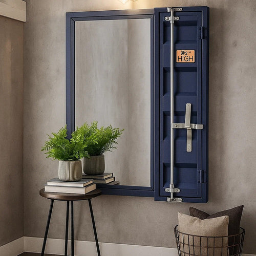 Industrial Style Metal Vanity Mirror with Recessed Door Front, Blue