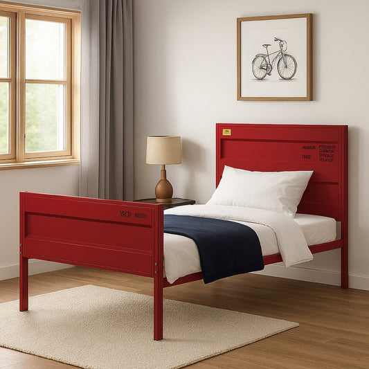 Industrial Style Metal Full Size Bed with Straight Leg Support, Red