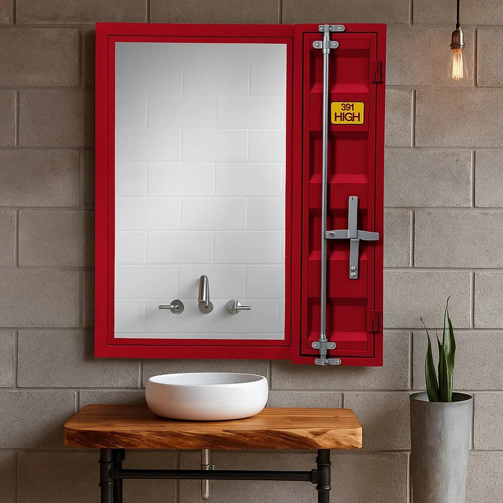 Vanity Mirror | Industrial Style | Metal | Recessed Storage | Red