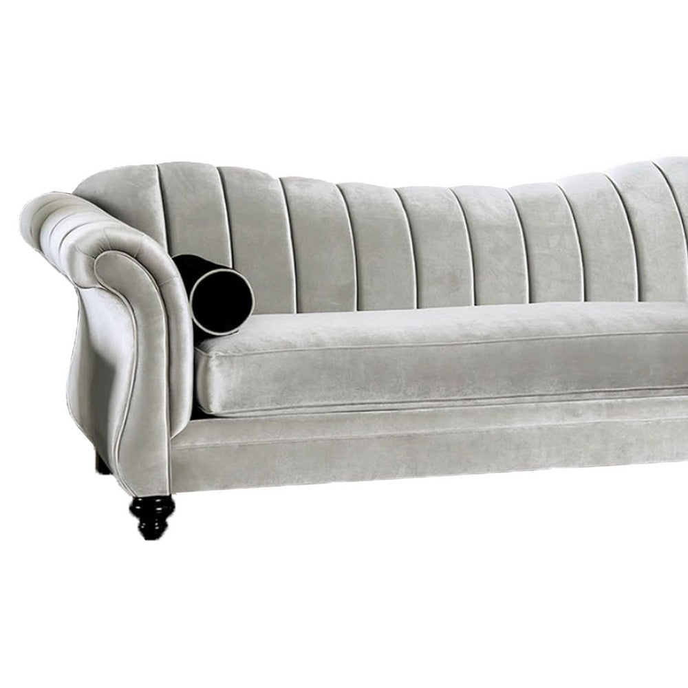 99 Inch Modern Sofa Scalloped Back Chenille Channel Tufted Silver By Casagear Home BM204649