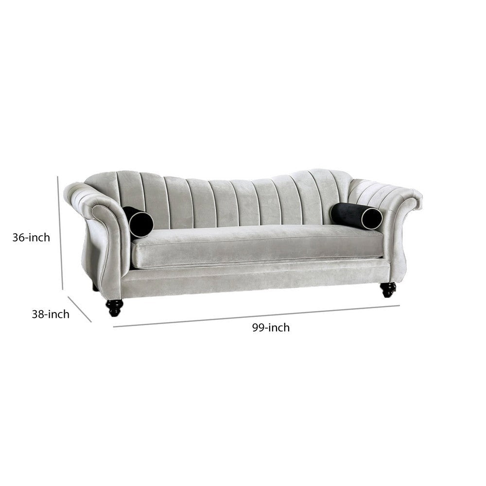 99 Inch Modern Sofa Scalloped Back Chenille Channel Tufted Silver By Casagear Home BM204649