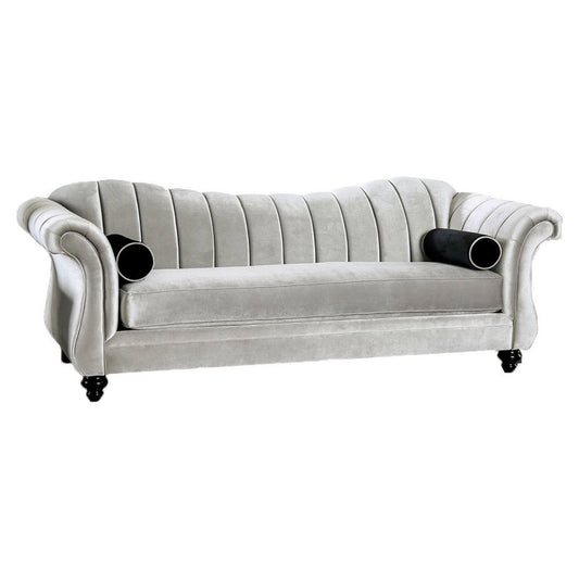 Sofa | 99" | Scalloped Back | Chenille | Channel Tufted | Silver