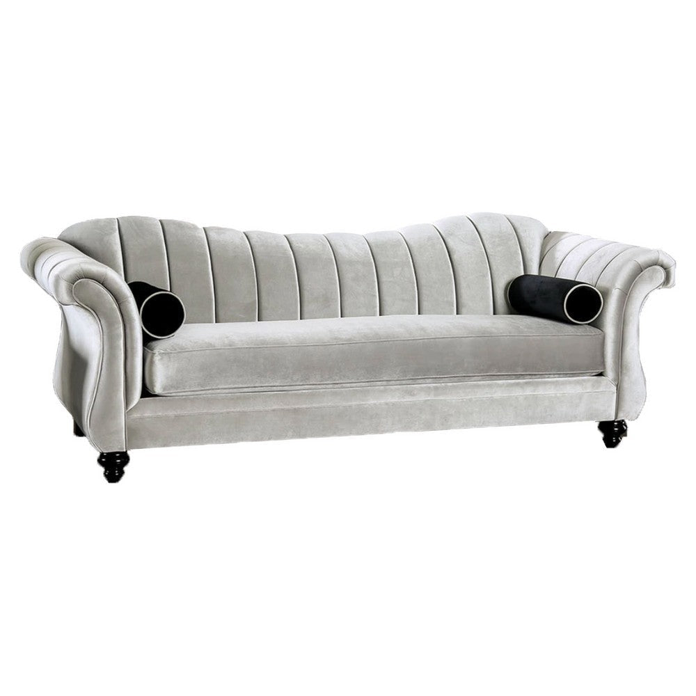 99 Inch Modern Sofa, Scalloped Back, Chenille, Channel Tufted, Silver By Casagear Home