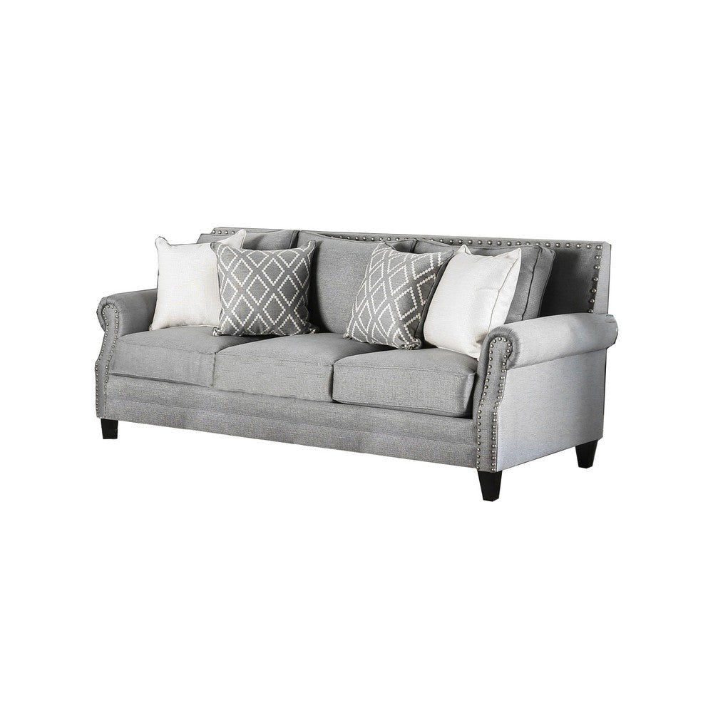 Fabric Upholstered Wooden Sofa with Nailhead Trims, Gray
