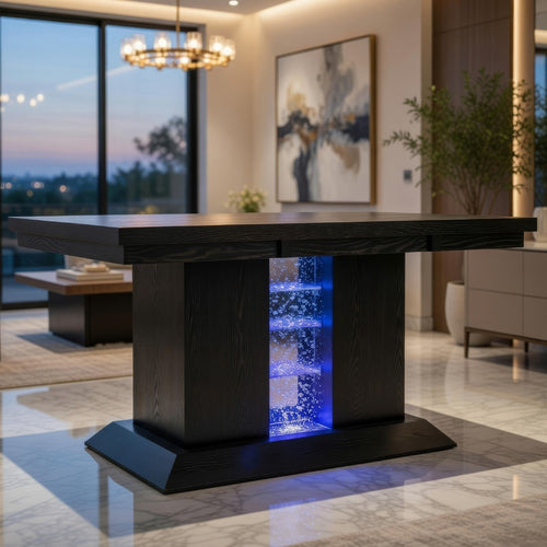Wooden Dining Table with Pedestal Base Legs and LED Light, Black