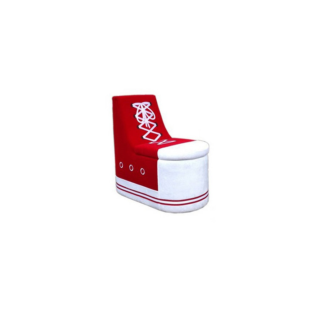 Sneaker Shoe Shaped Wooden Chair with Storage, Red and White By Casagear Home