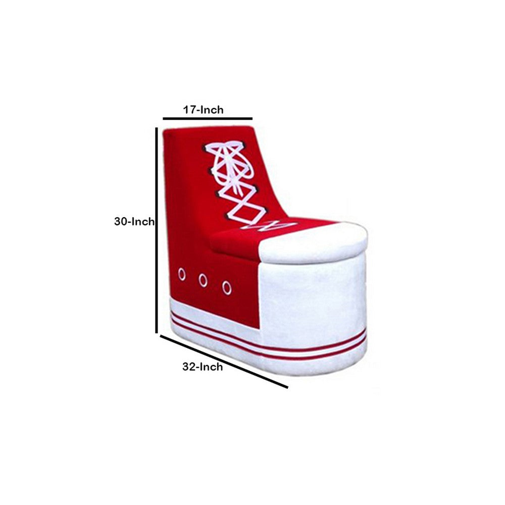 Sneaker Shoe Shaped Wooden Chair with Storage, Red and White By Casagear Home
