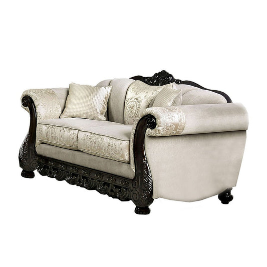 Chenille Fabric Upholstered Loveseat with Arched Back, Beige and Brown