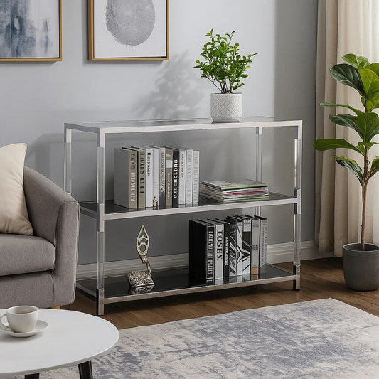 Metal and Glass Sofa Table with 2 Open Shelves, Silver and Clear