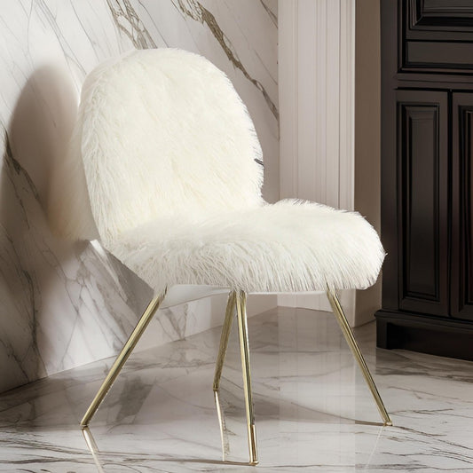 Faux Fur Upholstered Contemporary Metal Accent Chair, White and Gold By Casagear Home