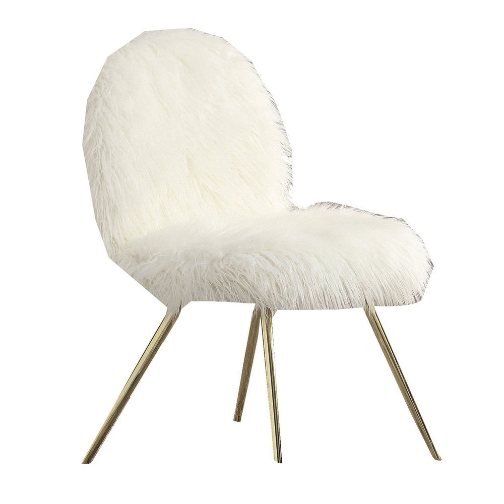 Faux Fur Upholstered Contemporary Metal Accent Chair White and Gold By Casagear Home BM205377