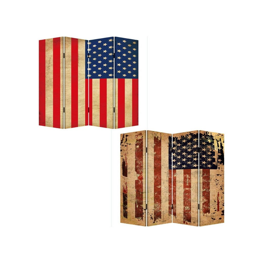 4 Panel Canvas Screen with American Flag Print, Multicolor
