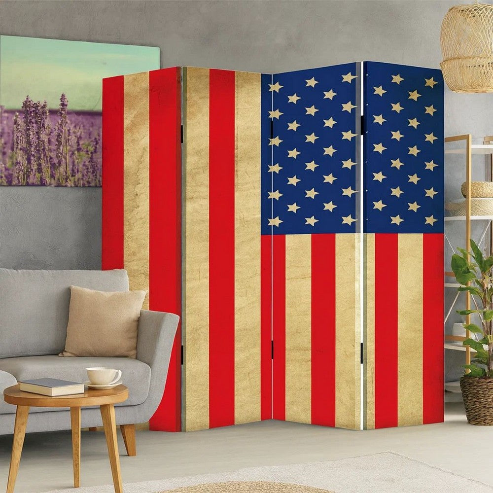 4 Panel Canvas Screen with American Flag Print, Multicolor