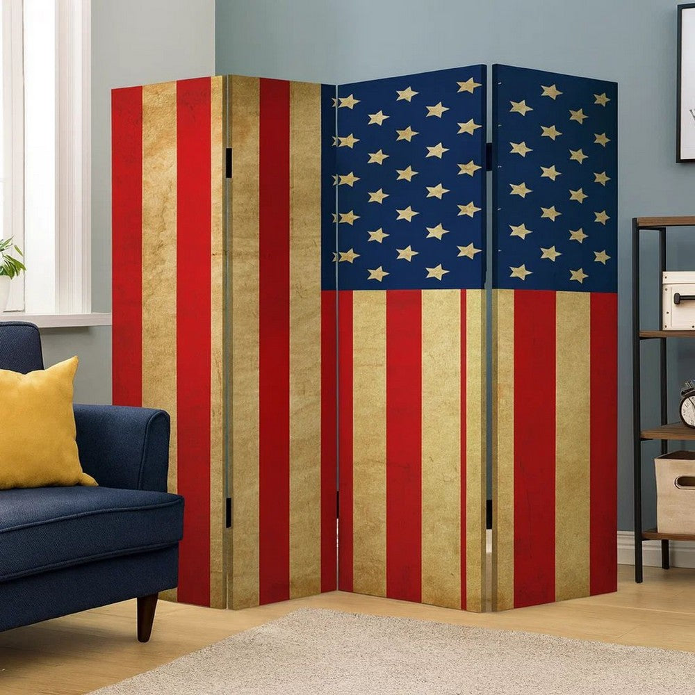 4 Panel Canvas Screen with American Flag Print, Multicolor