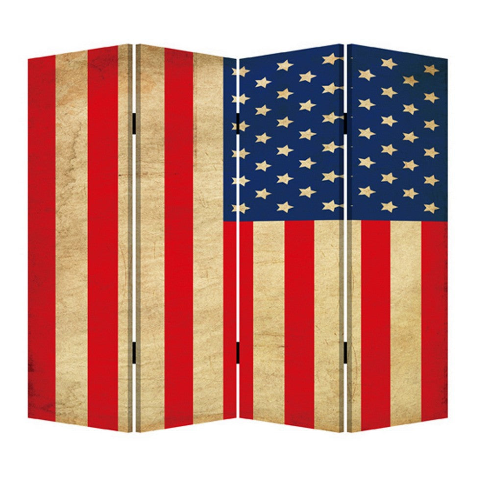 4 Panel Canvas Screen with American Flag Print, Multicolor