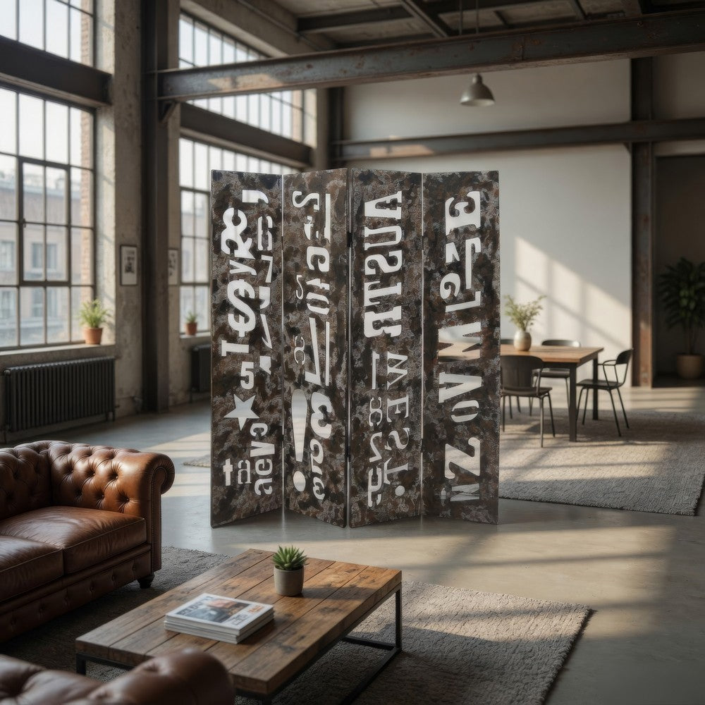 Modern 4 Panel Foldable Screen with Graffiti Print, Gray and White