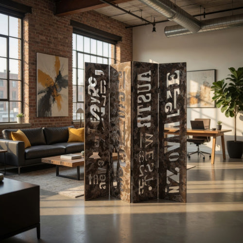 Modern 4 Panel Foldable Screen with Graffiti Print, Gray and White