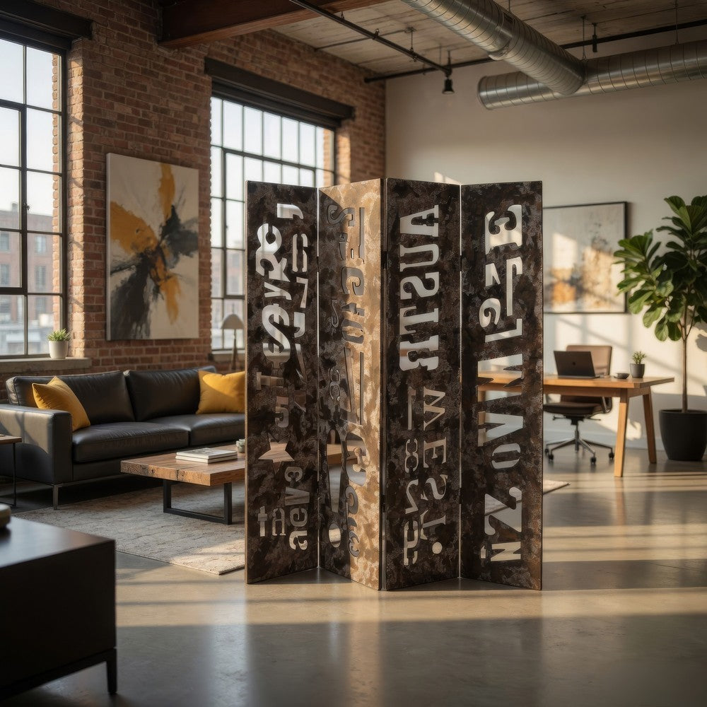 Modern 4 Panel Foldable Screen with Graffiti Print, Gray and White