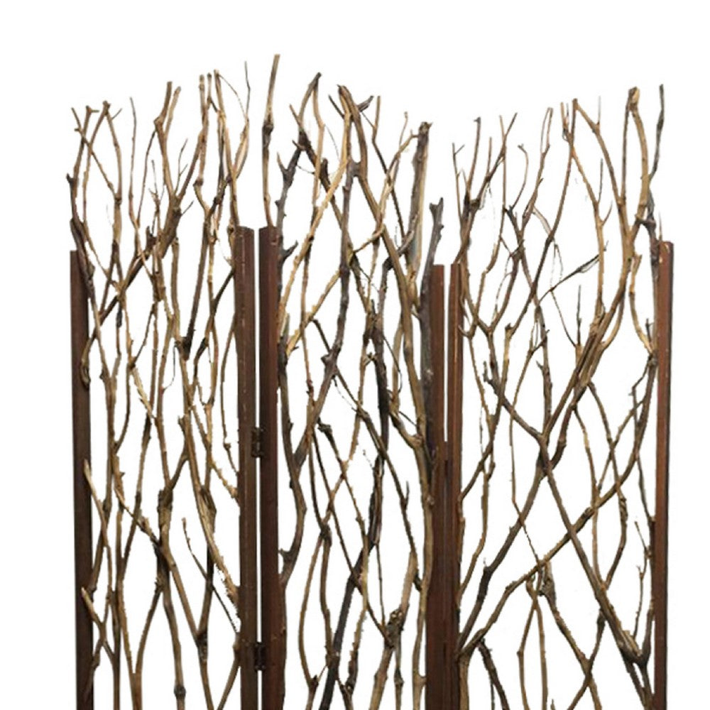 3 Panel Contemporary Foldable Wood Screen with Tree Branches, Brown