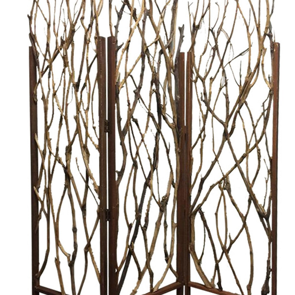 3 Panel Contemporary Foldable Wood Screen with Tree Branches Brown BM205387