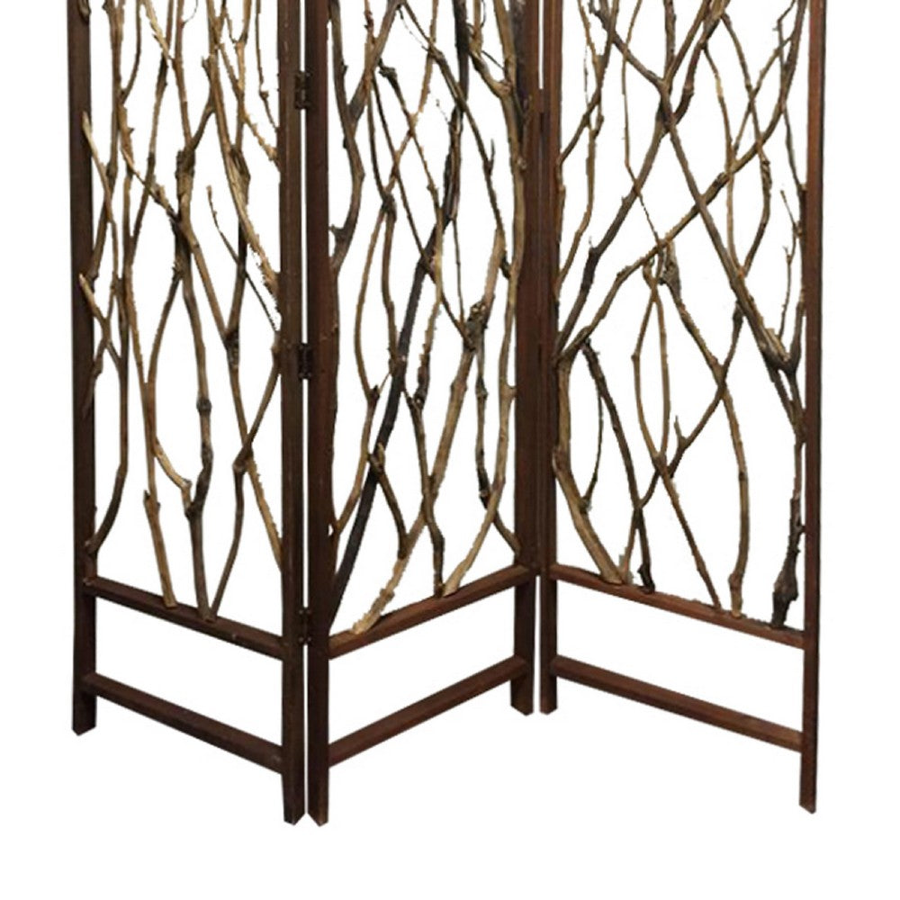 3 Panel Contemporary Foldable Wood Screen with Tree Branches, Brown