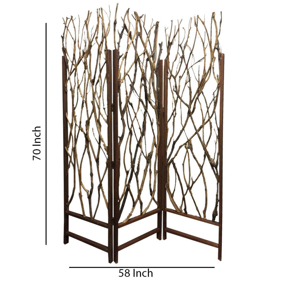 3 Panel Contemporary Foldable Wood Screen with Tree Branches Brown BM205387