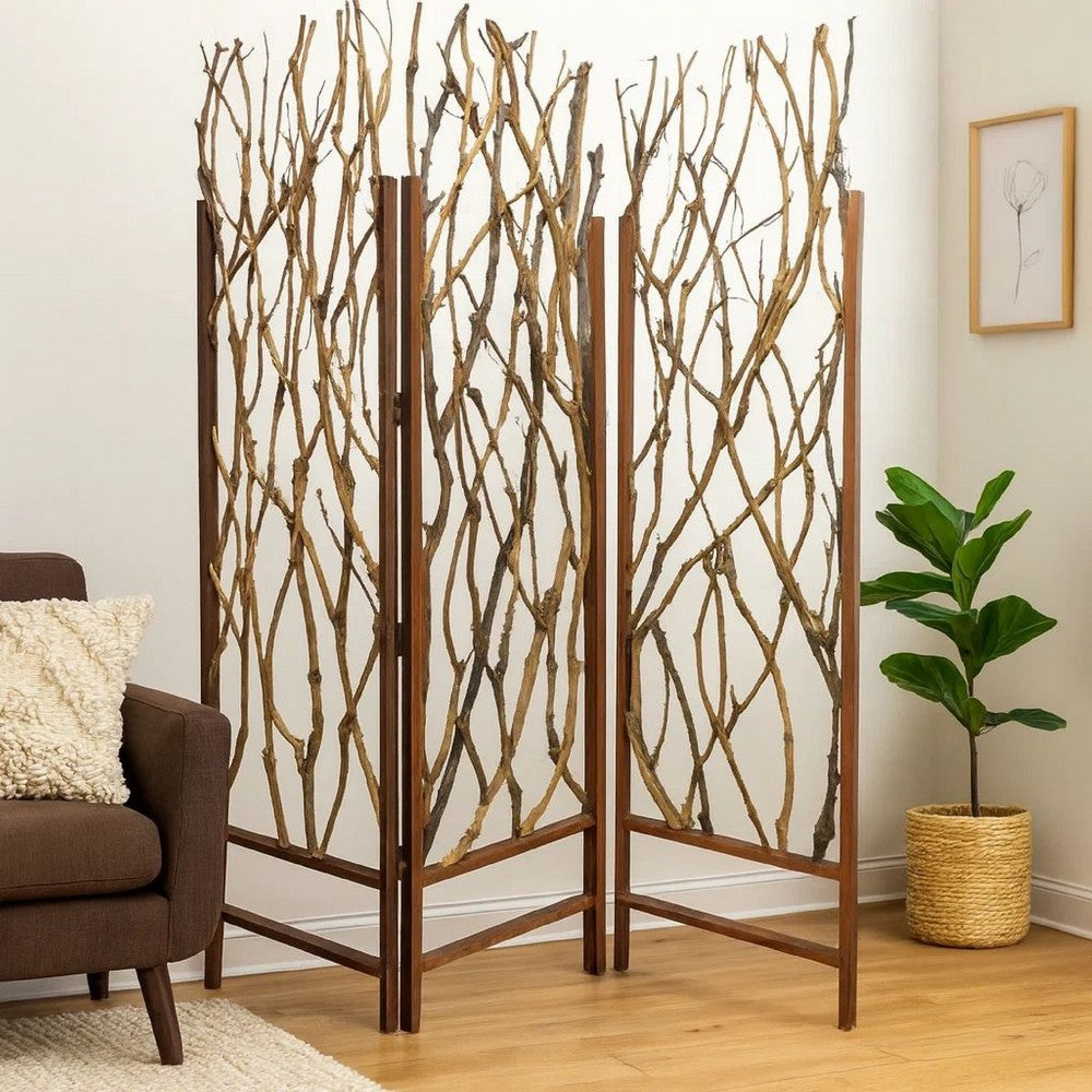 3 Panel Contemporary Foldable Wood Screen with Tree Branches, Brown