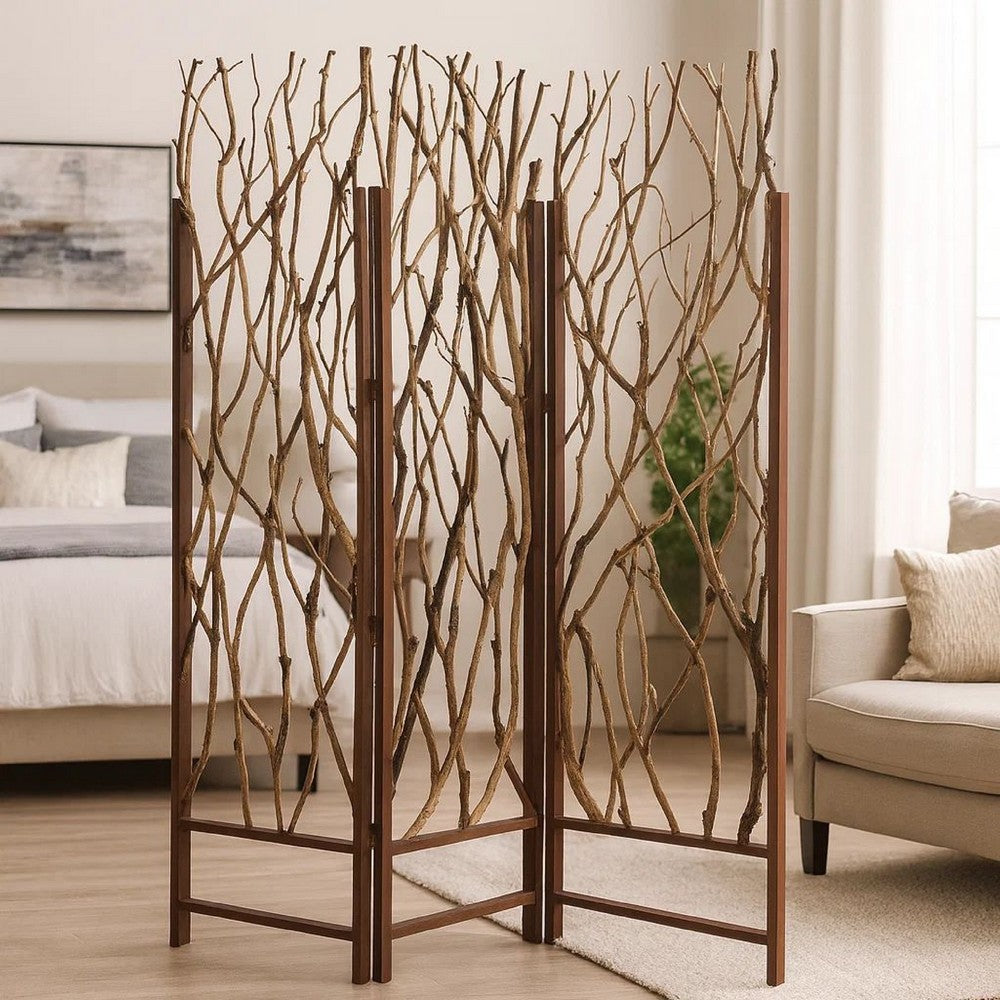 3 Panel Contemporary Foldable Wood Screen with Tree Branches, Brown