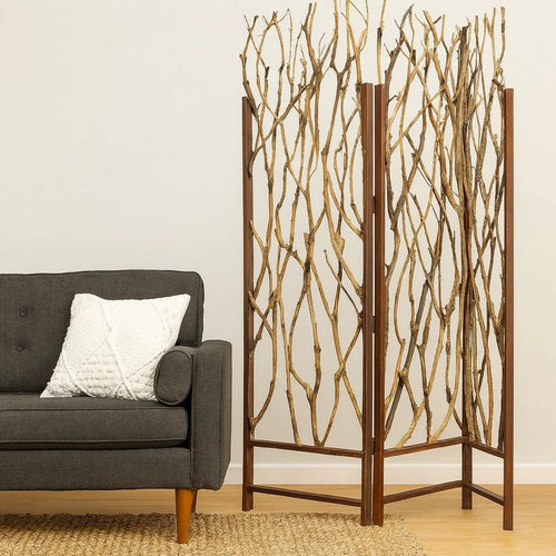 3 Panel Contemporary Foldable Wood Screen with Tree Branches, Brown