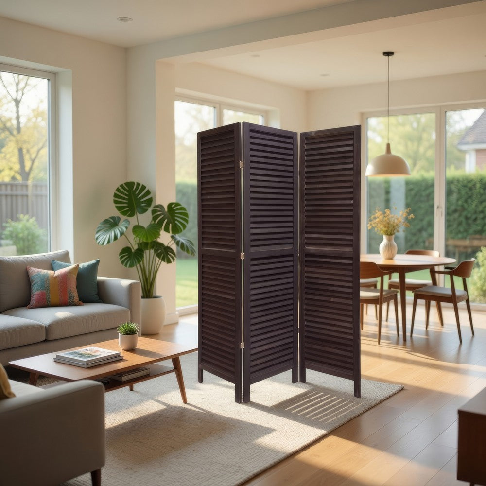 3 Panel Foldable Wooden Shutter Screen with Straight Legs, Black