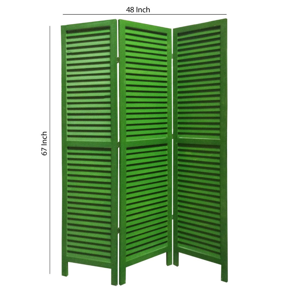 3 Panel Foldable Wooden Shutter Screen with Straight Legs, Green